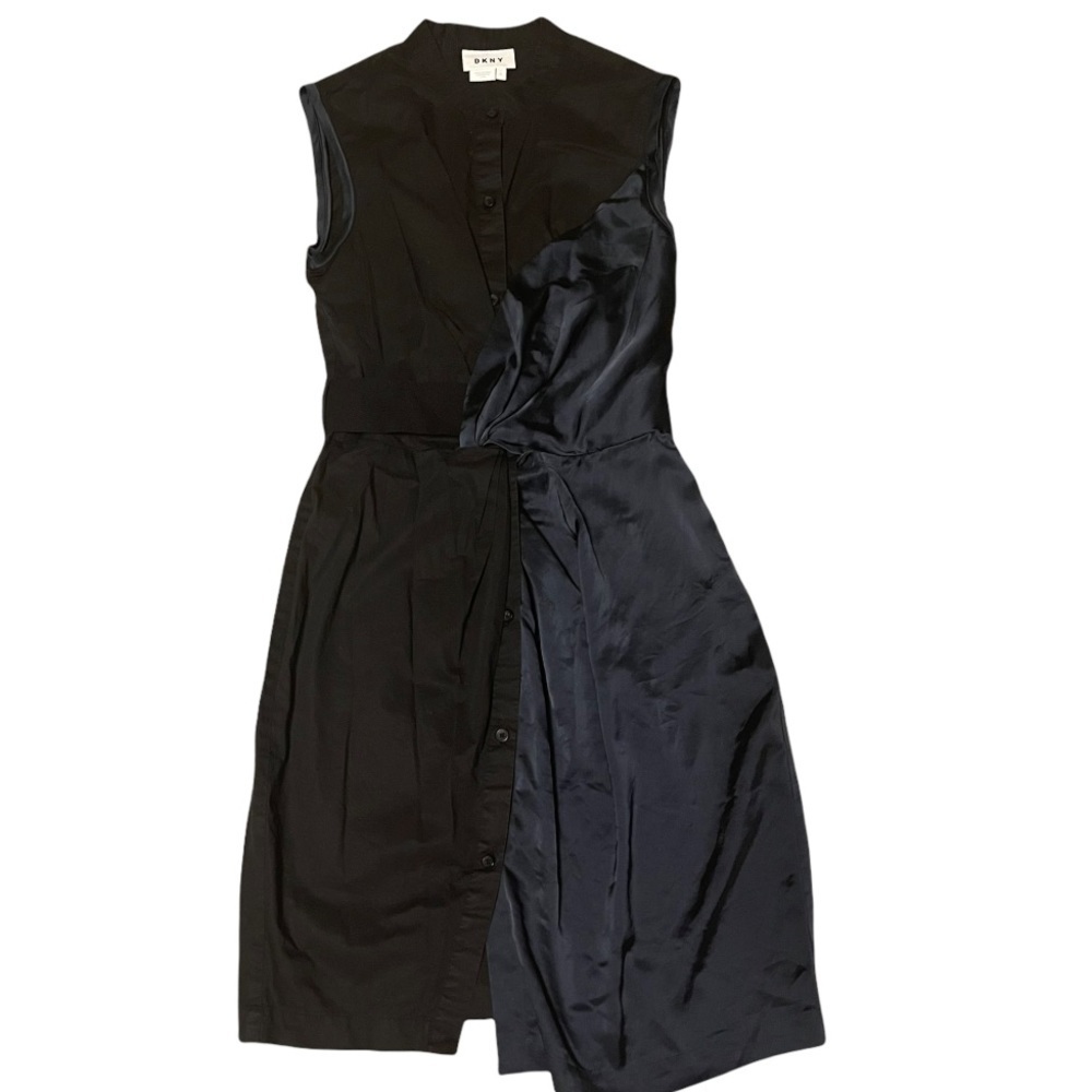 DKNY Black and Blue Pleated Sheath Dress